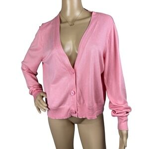 Halogen Women's Sz L Pink V Neck Button Cardigan Sweater Lightweight cotton blen